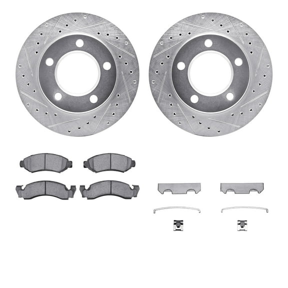 Dynamic Friction Company Front Brake Rotors-Drilled and Slotted-Silver with 5000 Advanced Brake Pads includes Hardware 7512-42002