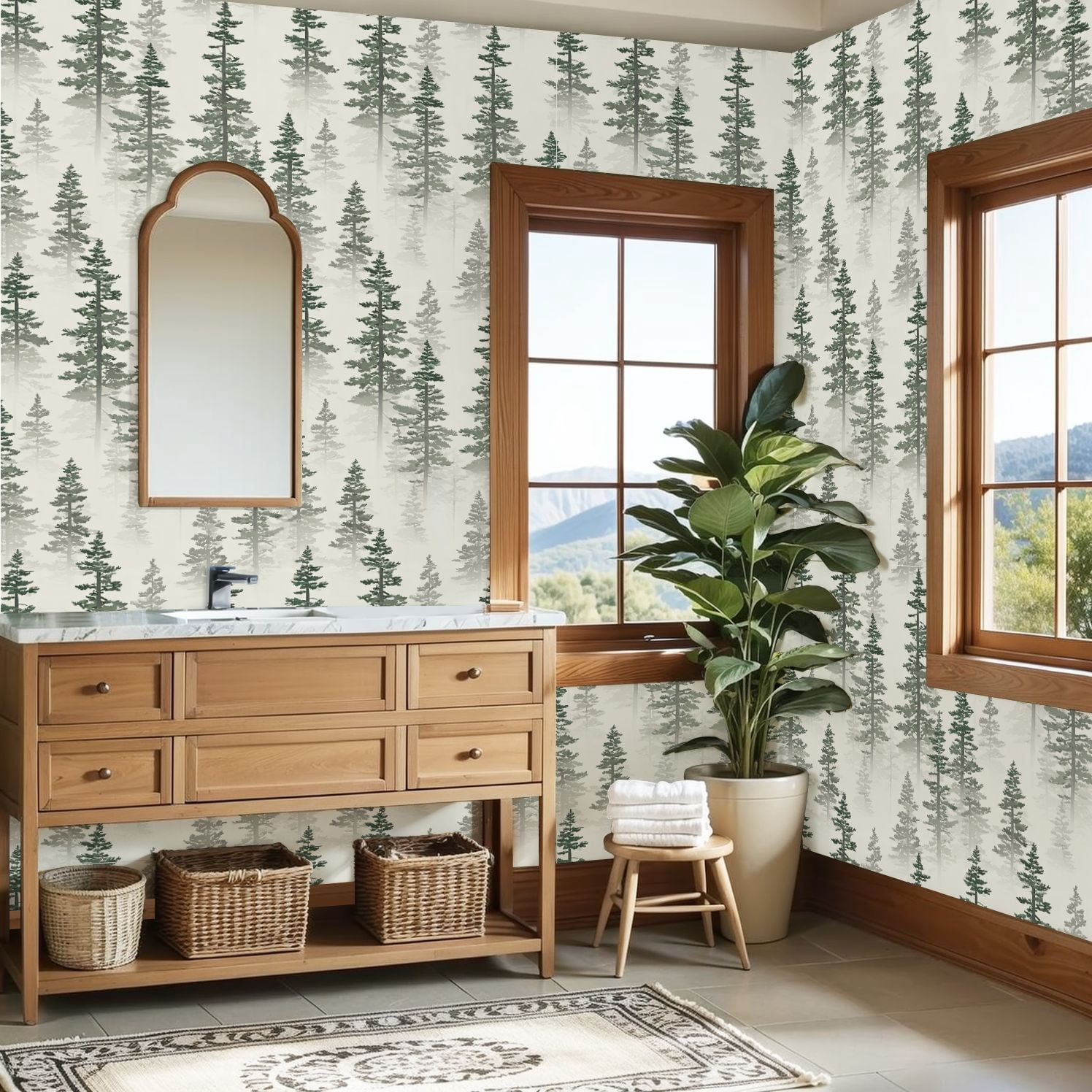 Woodland Peel and Stick Wallpaper 23.6in x 9.8ft Pine Forest Misty Evergreen Trees Soft Contact Paper Vinyl Waterproof Self Adhesive Wall Paper for Bedroom Shelf Cabinet Renter Friendly