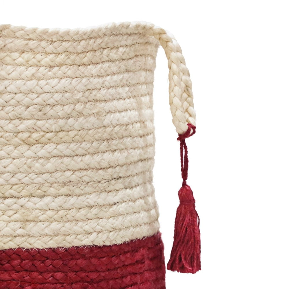 LR Home Woven Round Jute 19" Storage Basket with Handles, Red/White Stripe