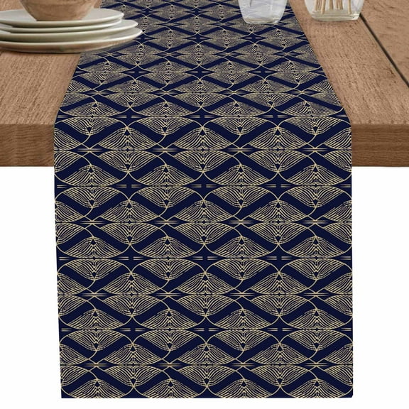 Navy Blue Gold Geometric Pattern Table Runner-70 Inch Long Retro Abstract Art Table Runners Linen Burlap Tablerunner for Kitchen Dining Room Holiday Party