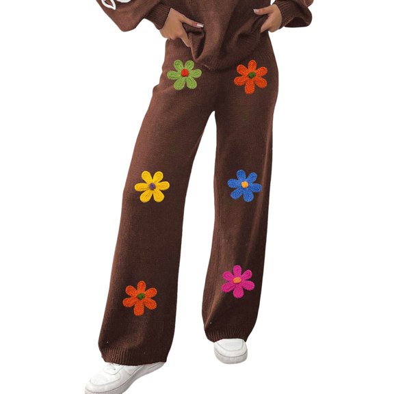 Arlun Womens Embroidery Flowers Crochet Sweater Pants Casual High Waisted Boho Straight Leg Knit Beach Loungewear Pants Winter Soft Stretch Comfort Warm Trousers Coffee3 XL