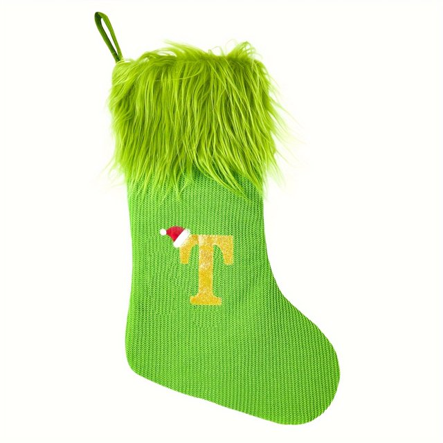 Classic Green Knitted Christmas Stockings with Lettering, 18-inch Festive Hanging Socks for Home Fireplace Decor, Polyester, No Feathers, for Christmas, Halloween, Thanksgiving, Fall, Summer - 1pc
