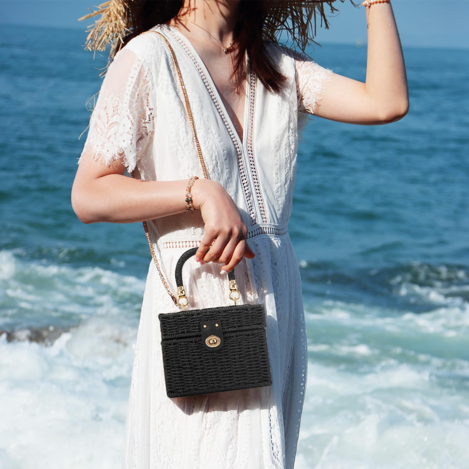 Rattan Purse for Women Summer Tote Handbag Woven Bakset Crossbody Bag Trendy Beach Top Handle Bag