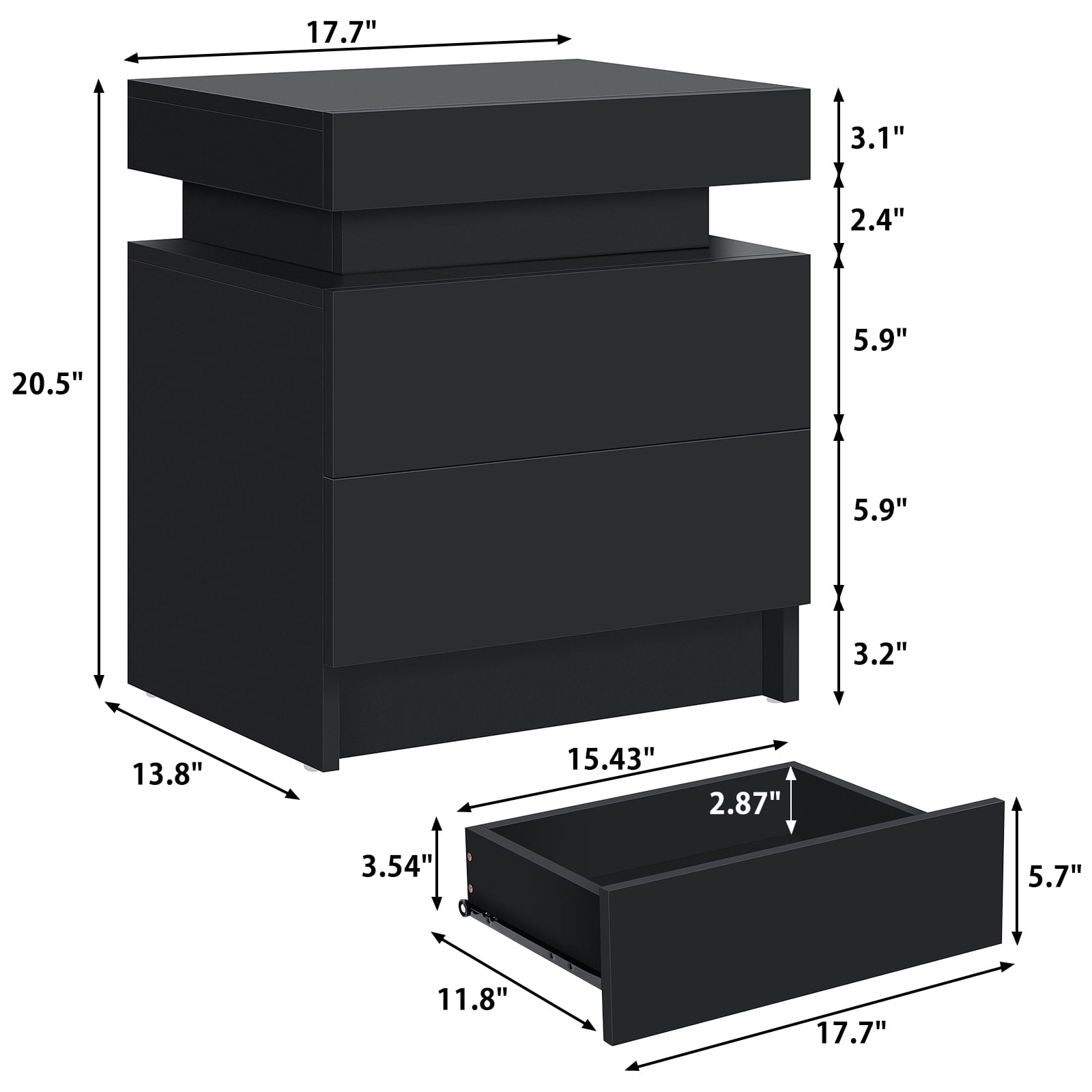 Hommpa 2 Drawer Modern Nightstand with RGB LED Light High Gloss Bedside Tables for Bedroom Black