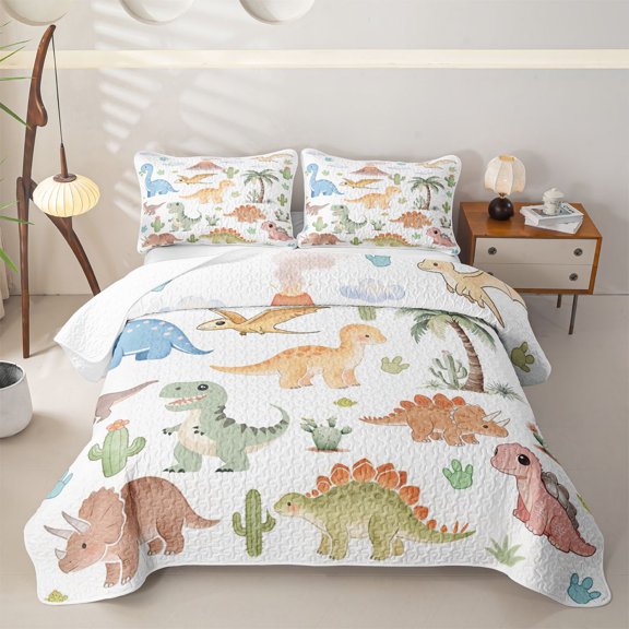 Feelyou Desert Tropical Cartoon Dinosaur Twin Quilt Set for Boys Girls, Cute Volcano Palm Tree Twin Coverlet Set, Green, 2 Pieces