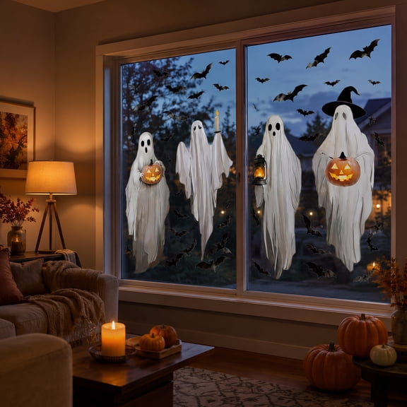 4 Sheets Extra Large Halloween Ghost Window Clings Vintage Watercolor Ghost Black Bat Window Stickers Double-Sided Glass Decals for Home Classroom Office Party Decoration