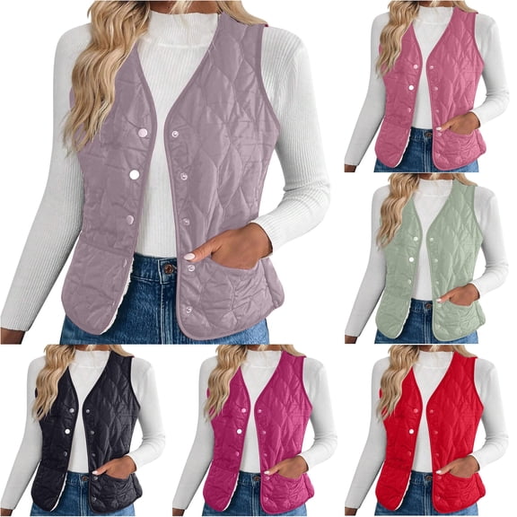 Jane Wardrobe Quilted Lined Puffer Vest for Women, V Neck Button Closure Slim Fit, Warm Winter Layering Inner Vest, 1 Piece, L-5XL, Plus Size Friendly
