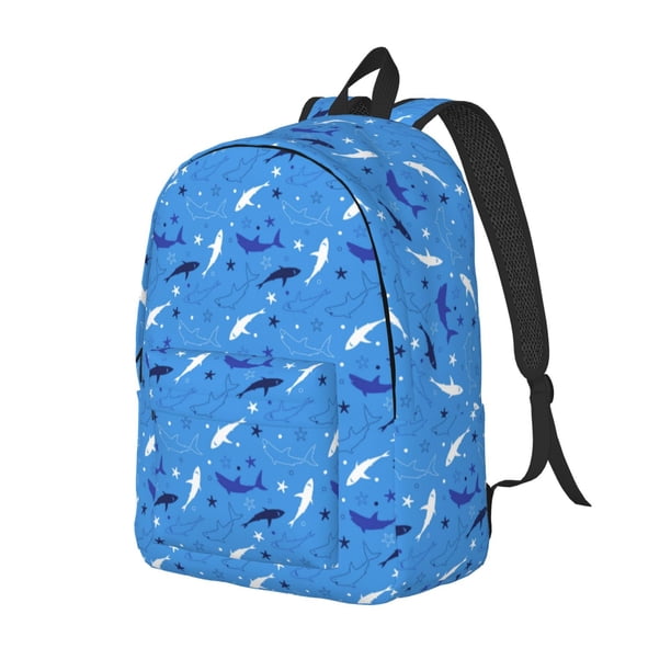 Disketp Cute Shark print Canvas Backpack Lightweight Travel Daypack Student Rucksack Laptop Backpack-Medium