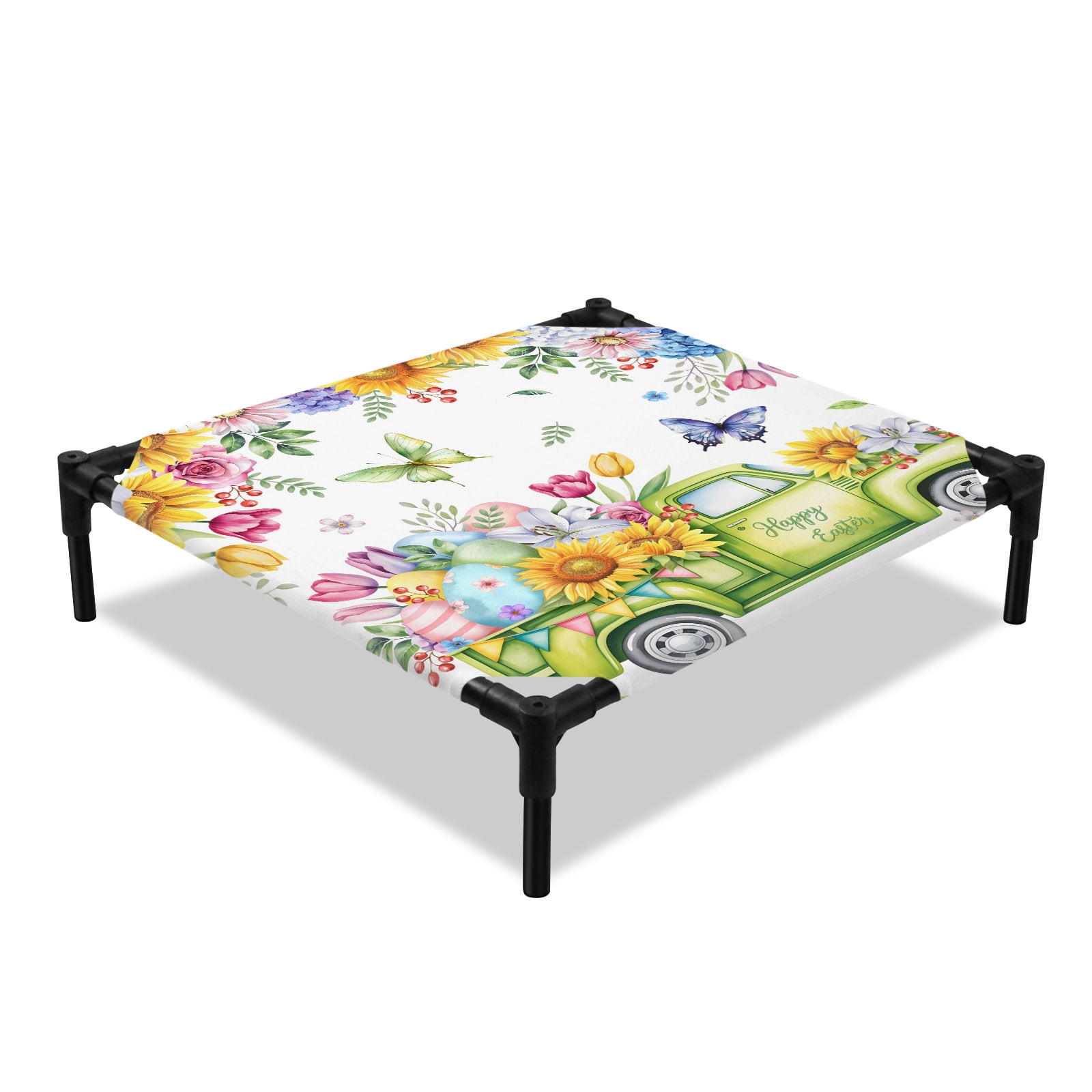 Easter Egg Elevated Dog Bed Green Truck Sunflower Blue Hydrangea Tulips Butterflies Cooling Breathable Outdoor Raised Dog Cot Bed with Metal Frame Non-Slip Feet for Small Dog 20x20in