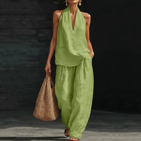 Women's Linen Blend Sleeveless Top and Pants Set, Mid Rise Relaxed Fit Two Piece Outfit, Casual Summer Jumpsuit Alternative for Beach or | CSEONE,Green L