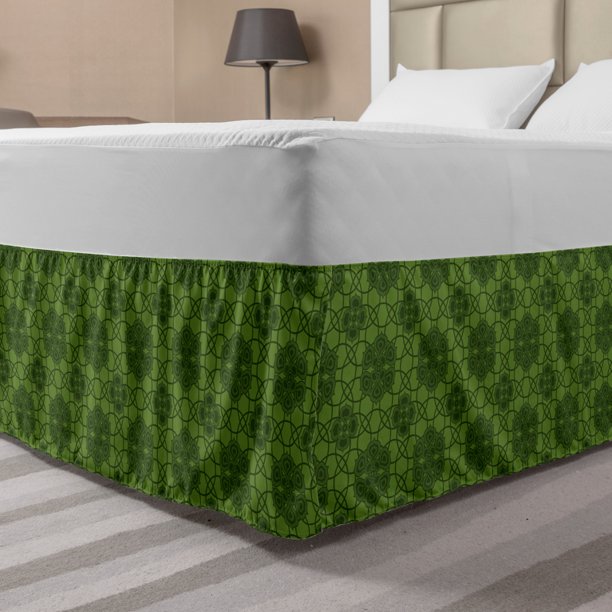 Sage Bed Skirt, Old Fashioned Pattern with Geometrical Backdrop Mandala
