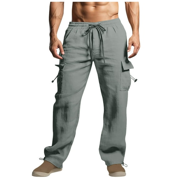 Admvng Cargo Pants for Men Cotton And Linen Drawstring Elastic Waist Multi-Pocket Casual Crgo Pants S-3XL