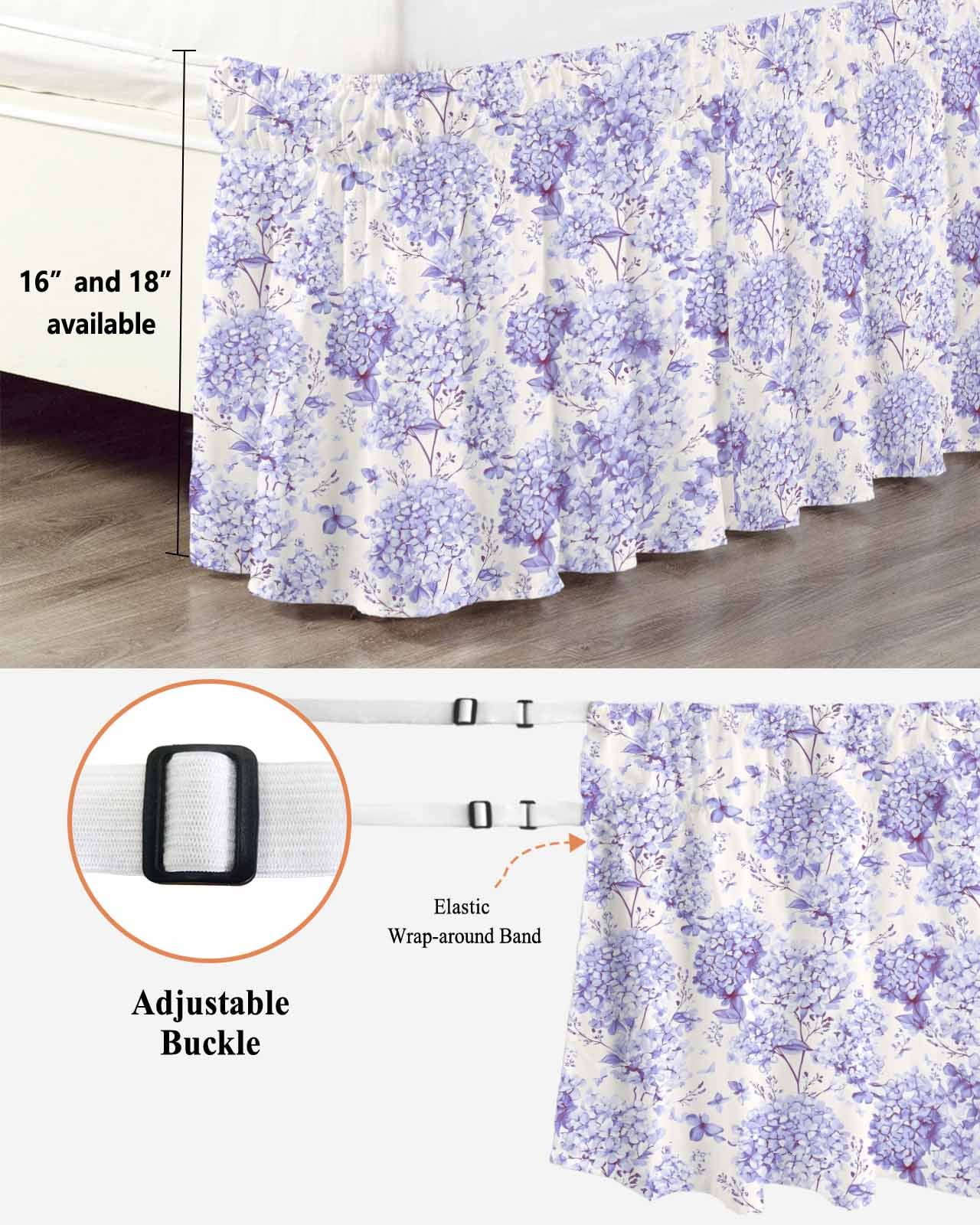 Purple Floral Wrap Around Bed Skirts for Queen Bed 18" Drop,Bed Skirt with Adjustable Elastic Belt Dust Ruffle Bed Valance for Bedroom Hotel Hydrangeas Flower Spring Summer Botanical Bed Frame Cover