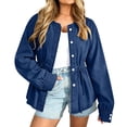 thumbnail image 3 of Dzrciro Demin Jacket for Women, Long Sleeve Round Neck Drawsting Wasit Button Cinching Lace Jean Coat, Casual Relaxed Demin Outerwear S‑2XL, 3 of 8