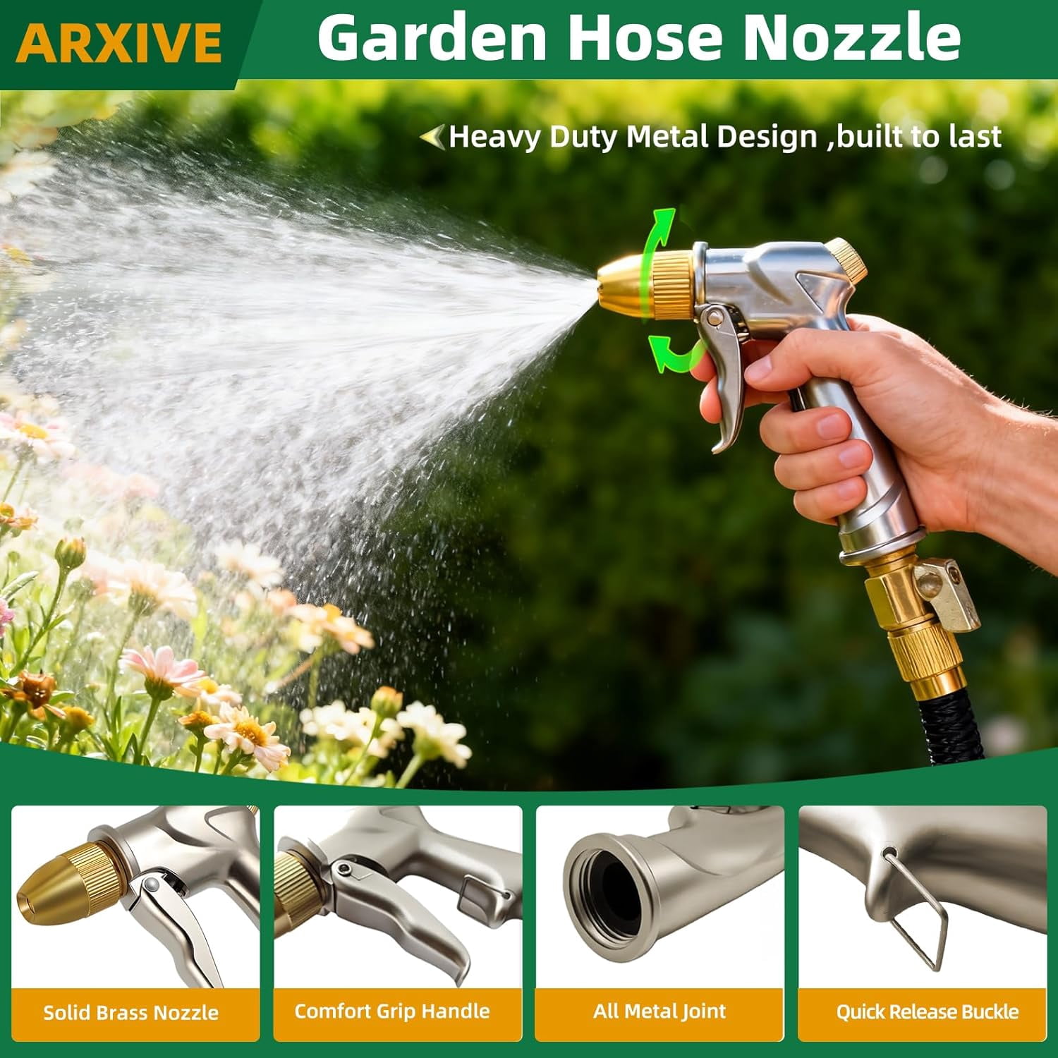 FANHAO Garden Hose Nozzle Hand Sprayer, Heavy Duty High Pressure 100% Metal with 4 Adjustable Spray Patterns for Watering Lawn, Garden, Car Washing,Pets & Windows