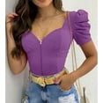 thumbnail image 3 of Women Short Puff Sleeve T-Shirts Summer Zip V Neck Solid Color Slim Tops Lady Basic Tee Red S, 3 of 9
