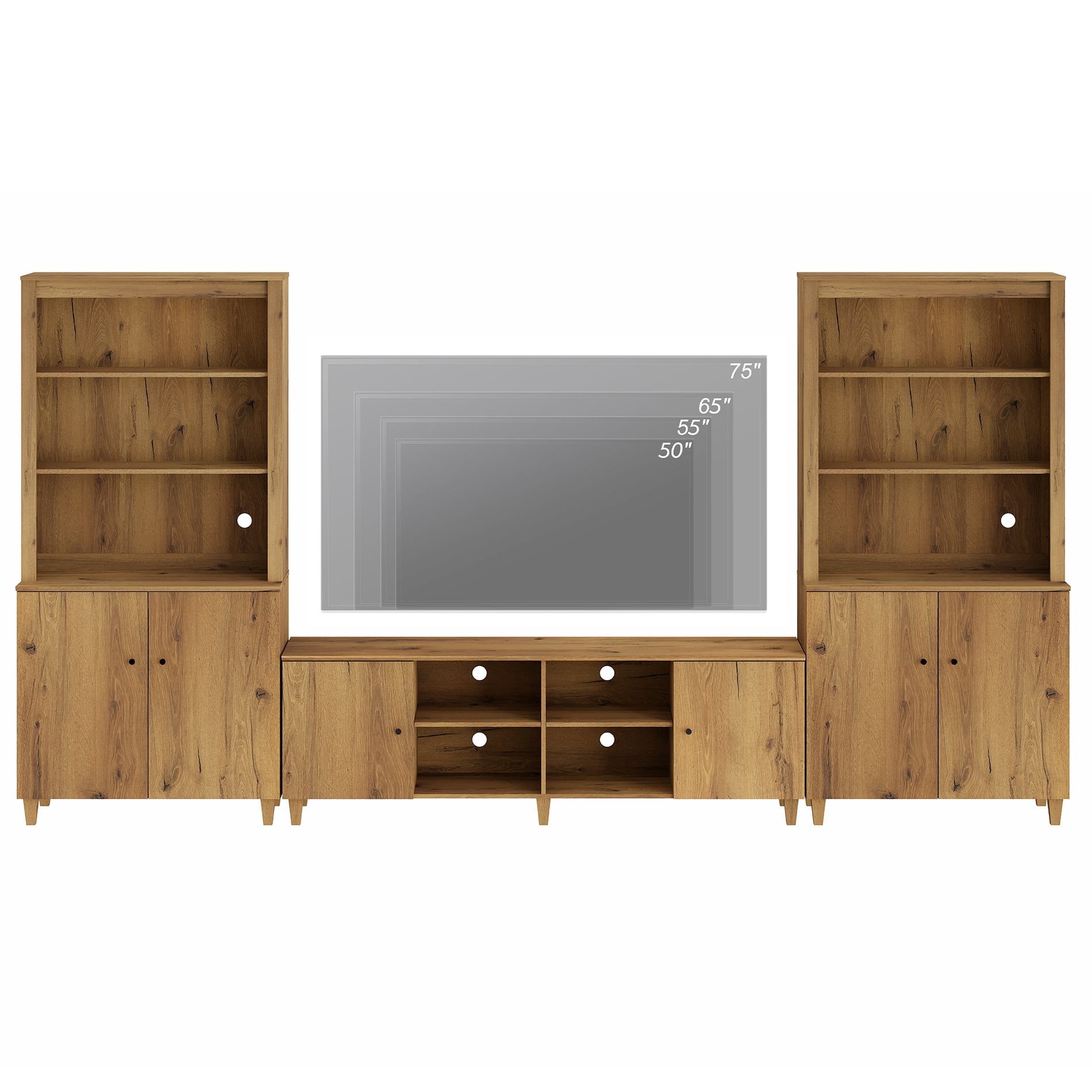 Modern TV Stand and Bookcase Set with Cabinets & Shelves for 75" TVs,Oak Brown