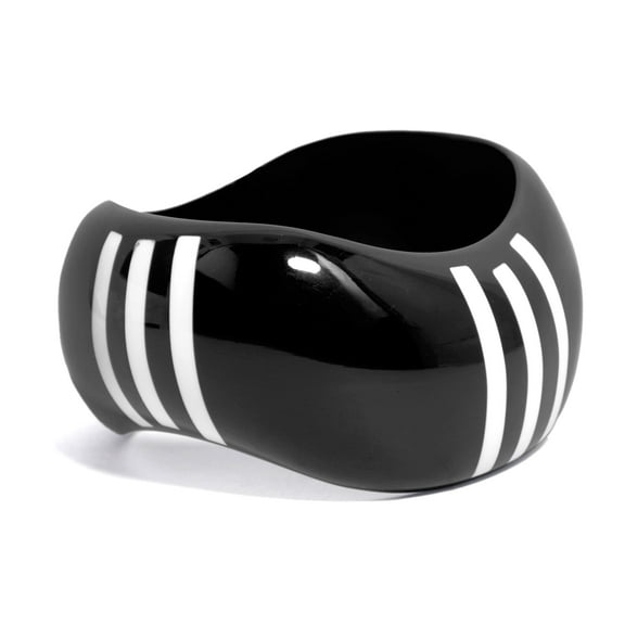 Pure Hands Handmade Resin Bangle Bracelet - SvartVit Radiance, Black and White Stripe Inlays, Concave Cuff Bracelet, Monochrome Jewelry, Satin Finish for Women