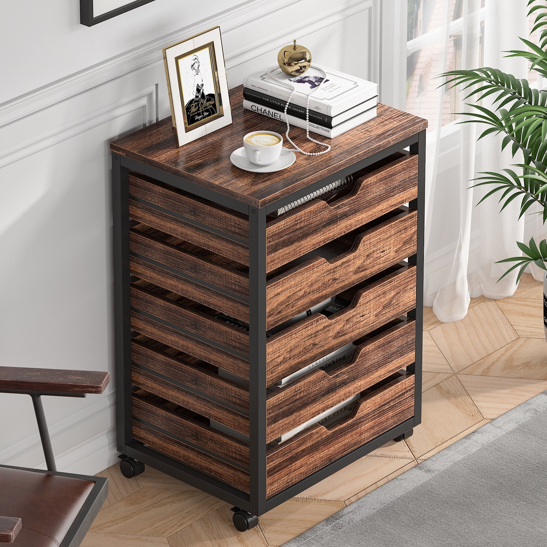 Tribesigns Industrial 5-Drawer Dresser for Bedroom, Small Portable Chest of Drawers with Wheels and Metal Frame for Living Room, Rustic Brown