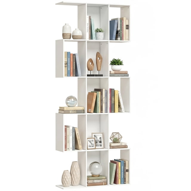 HOMCOM 5-Tier Bookshelf, S Shaped Geometric Bookcase, White Wood Grain