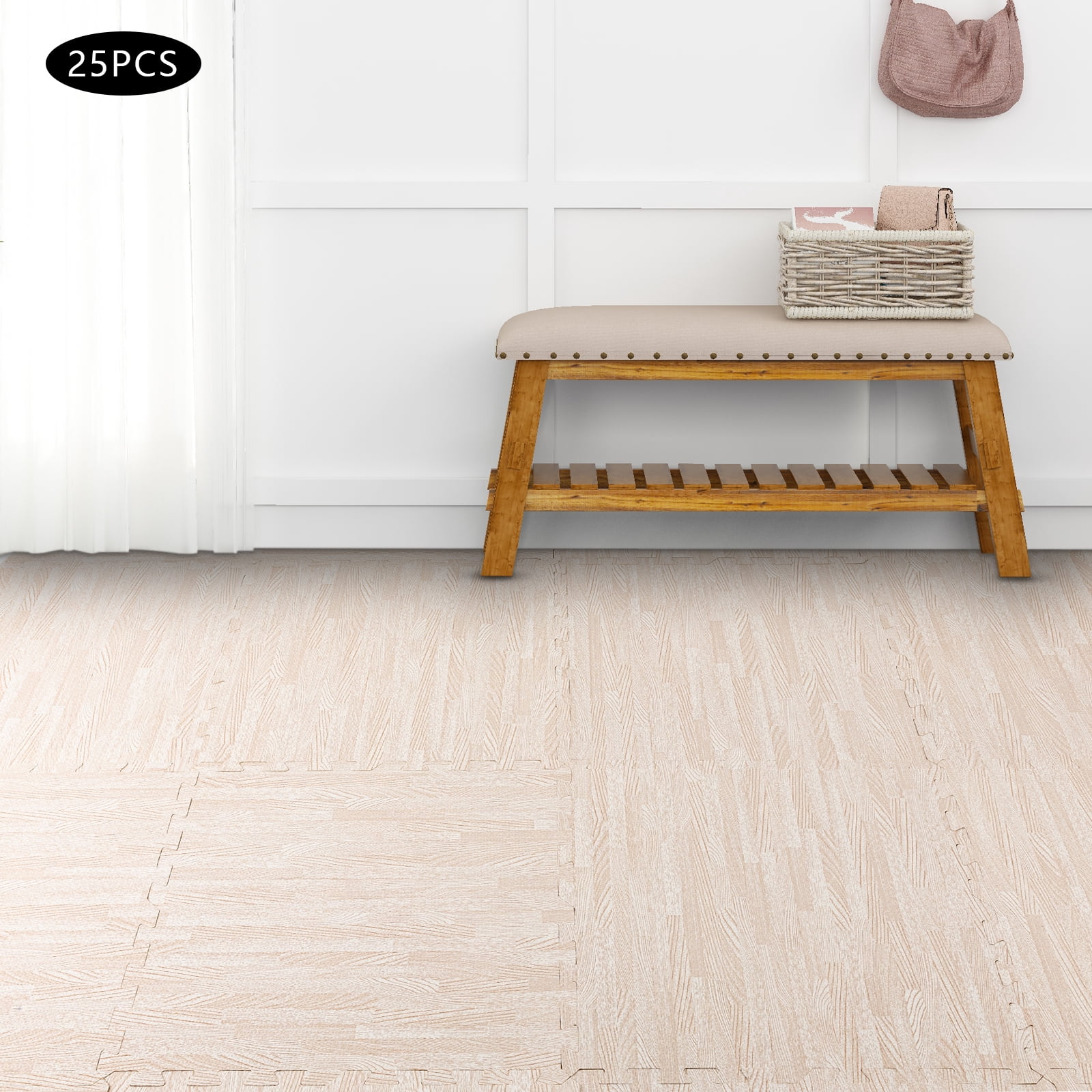 25-Pack White Wood Grain Foam Floor Mats 24x24 Inch Each EVA & PE Interlocking Tiles for Home Gym, Playroom