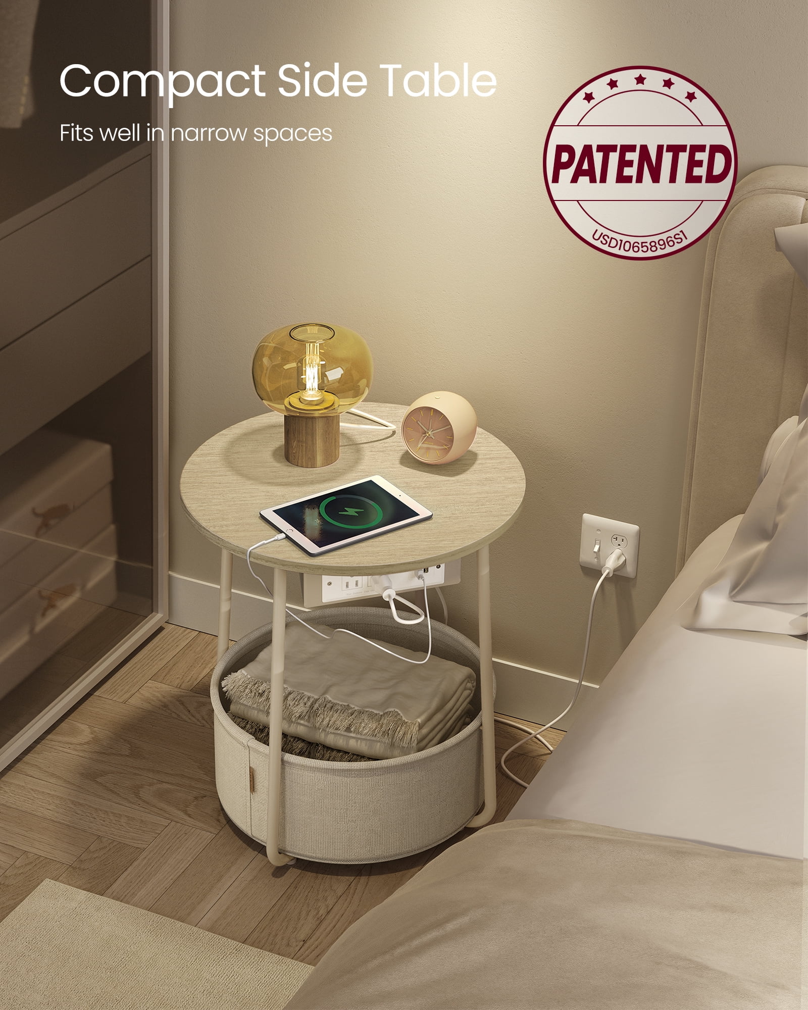 VASAGLE LILEA Collection - Side Table with Charging Station, Round End Table with Fabric Basket, Nightstand with USB Ports, for Living Room, Bedroom, Modern, Cream White