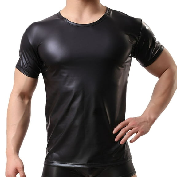 Summer Savings Clearance! Stamzod Men Clothes Mens Leather T Shirts Short Sleeve Slim Fitted Undershirts Pullover Thermal Solid Stretch Basic Tee Tops