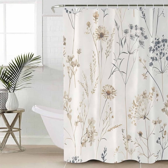 Beige Black Botanical Small Stall Shower Curtain, Waterproof Shower Curtains for Bathroom, Watercolor Floral Vintage Washable Fabric Cloth Bath Curtain for Bathtub Decoration with Hooks 36x72 Inches
