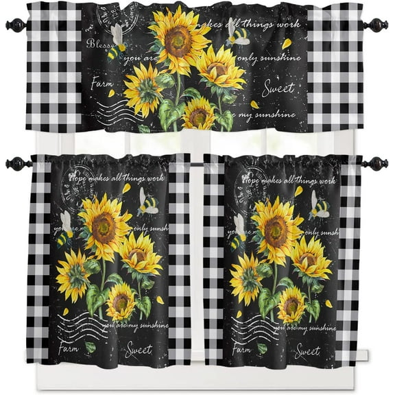 3 Piece Farmhouse Sunflower Floral Kitchen Curtains, Tier and Valance Rod Pocket Window Curtains Set Black Buffalo Check Cafe Curtains for Kitchen Valances Window Treatment 54X18in 27x36in×2