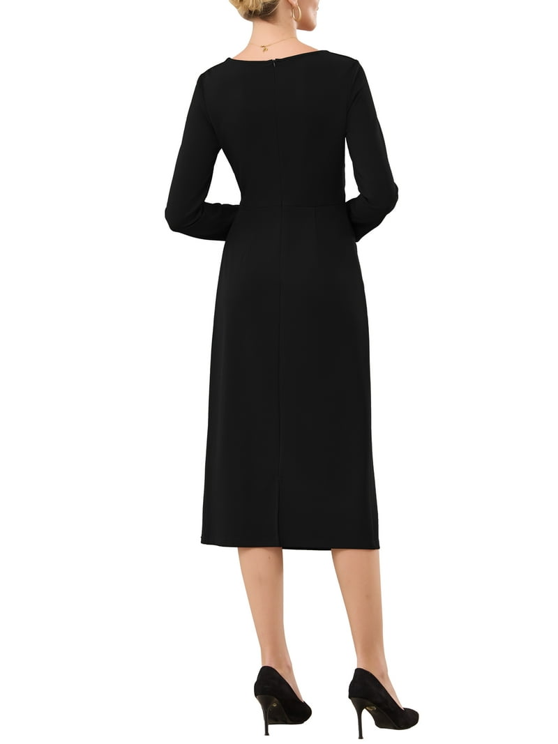 Inspire Chic Women's Knee Length Pencil Dress Long Sleeve Tie Waist Church Work Sheath Dresses S Black