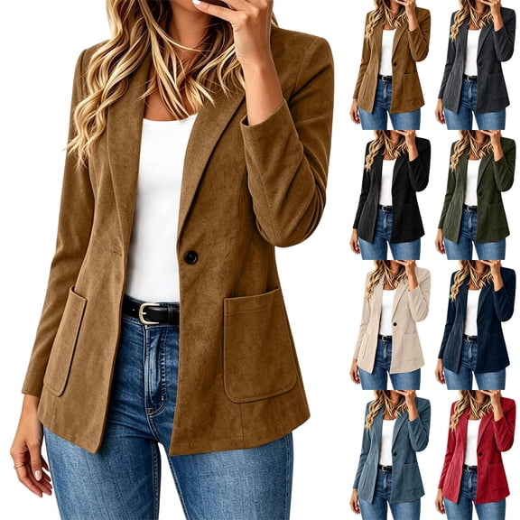 YanHoo Faux Suede Blazer for Women Dressy Casual Button Suit Jackets Lightweight Office Work Jacket Business Outfits