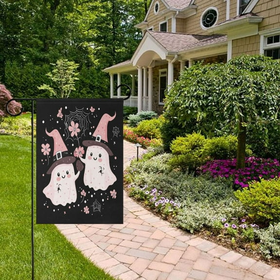 Halloween Pink Ghosts Flowers Garden Flag Double Sided 12 x 18 Inch Outside Yard Decoration Outdoor Flag