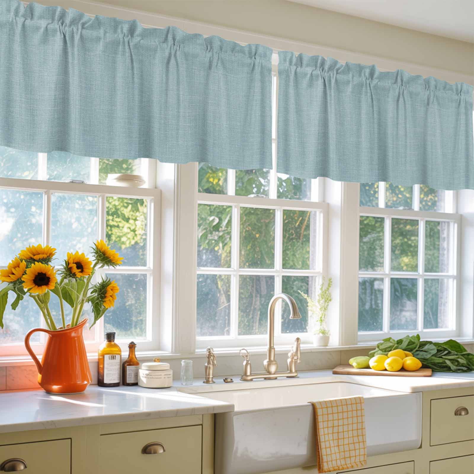 Blue Linen Texture Window Valance, Farmhouse Pure Color 2 Pack Decorative Curtain for Small Windows, Light Filtering Valance with 3” Rod Pocket, 54"W x 18"L