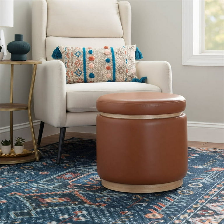 Brown round clearance storage ottoman