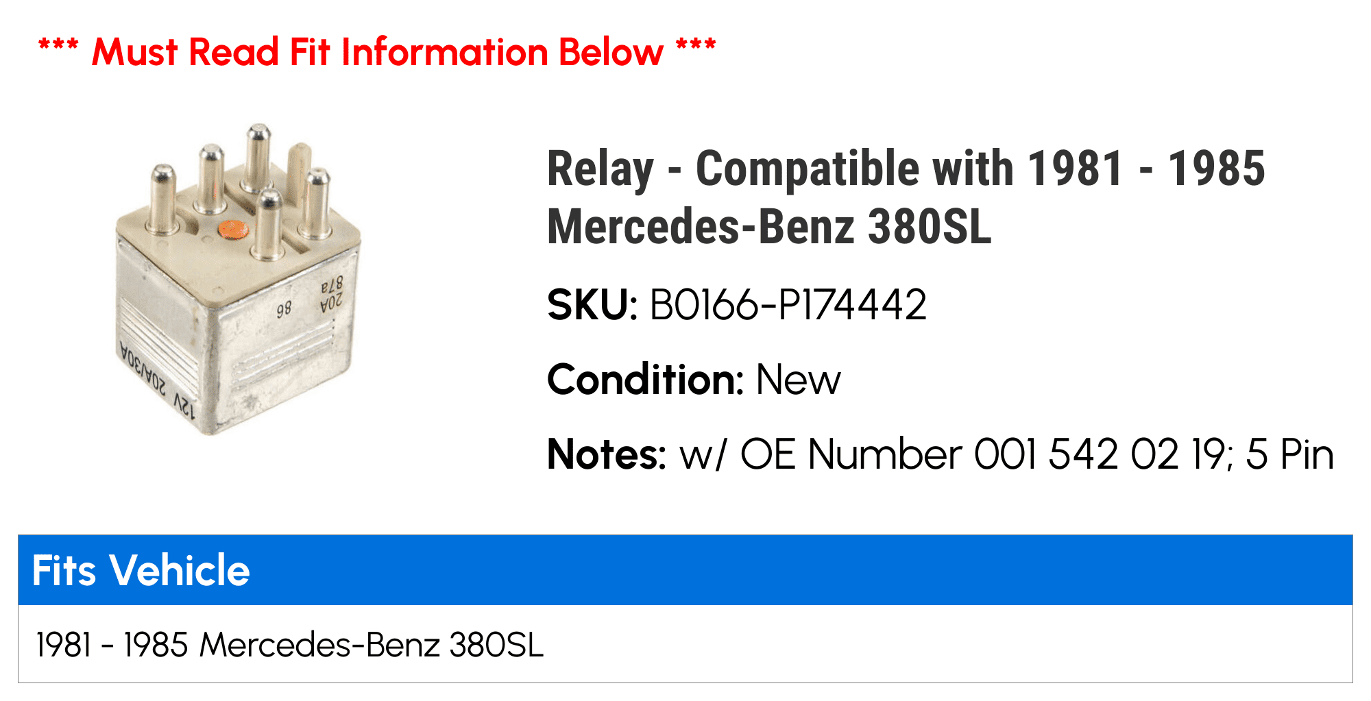 Relay - Compatible with 1981 - 1985 Mercedes-Benz 380SL 1982 1983 1984