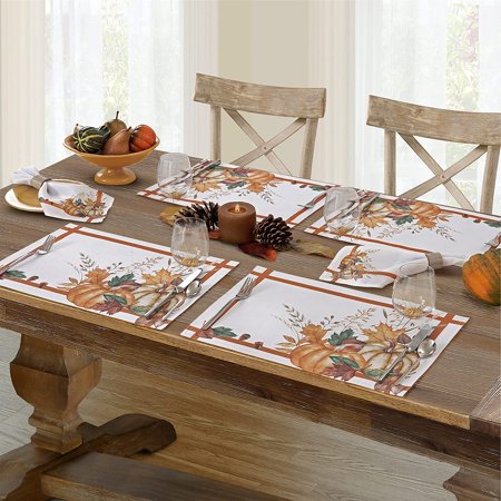 

Newbridge Abundant Harvest Bordered Thanksgiving Fabric Placemats Pumpkin Gourd and Falling Leaf Cottage Print Easy Care Autumn Placemats Set of 4 Placemats