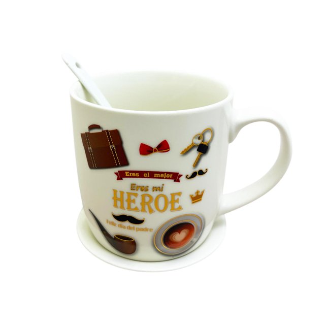 Taza Cerámica Feliz Día del Padre Cuchara y Tapa Caja Regalo cafe HEROE