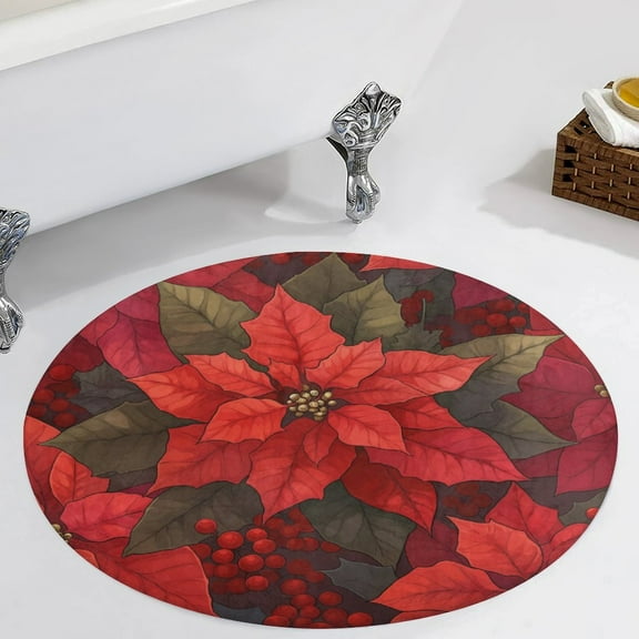 Christmas Poinsettia Red Flower Round Carpet Circle Rug Outdoor Patio Area Rug Washable Large Area Rugs Hallway Room Decor Fitness Mats