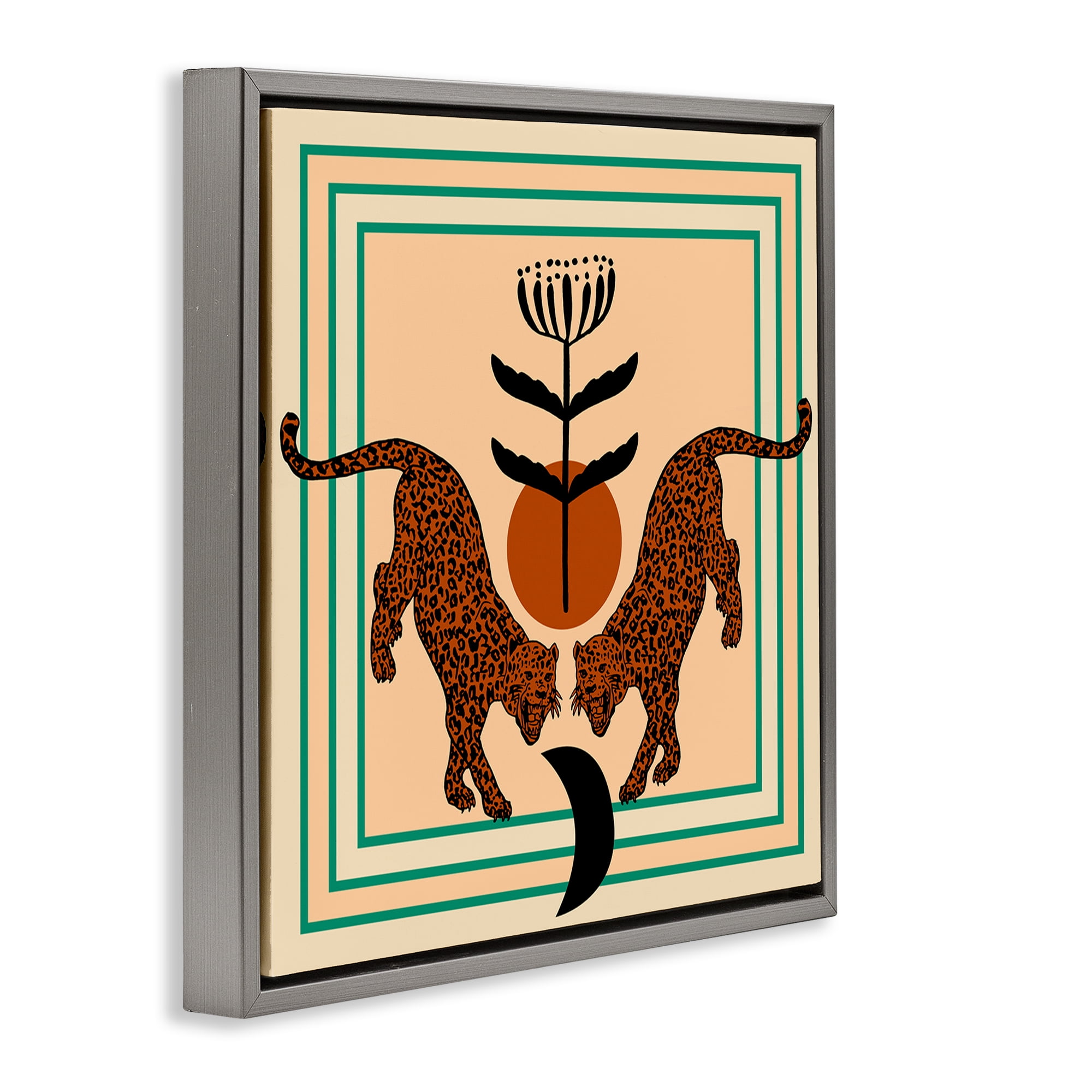Stupell Industries Symmetrical Tropical Leopards Animals Painting Gray Floater Framed Canvas Art Print Wall Art, 18 x 18