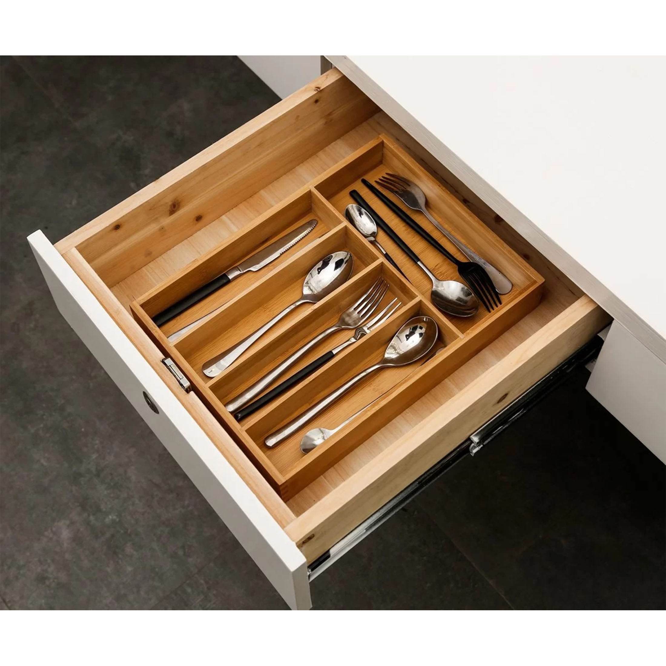 Bamboo Cutlery Tray Kitchen Utensil Silverware Flatware Drawer Organizer Dividers with 5 Compartment