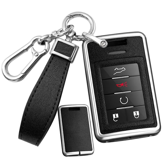 Leather Zinc Alloy 4/5/6 Button Smart Key Fob Cover Case Fit for Cadillac CTS SRX 2020 ATS ELR XTS DTS ELR Keyless Key Holder with Leather Keychain