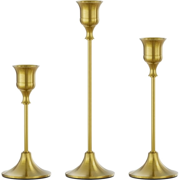 3-Pack Vintage Brass Gold Taper Candle Holders | Antique Style Tall Candlestick Set for Wedding Centerpieces, Fireplace Mantel, Dining Table, Party & Holiday Home Decor