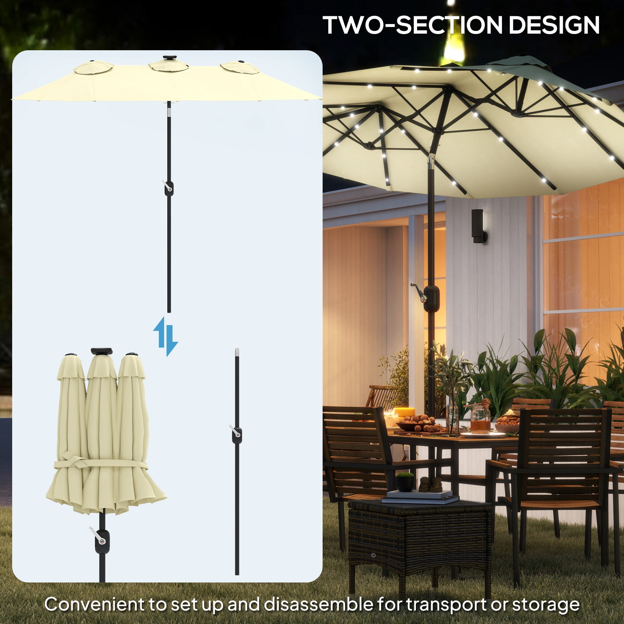 Outsunny 9.7' Double-sided Patio Umbrella with LED Solar Light, Tilt and Crank, Outdoor Umbrella, Cream White