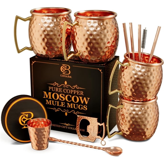 Moscow Mule Copper Mugs - Unique HANDCREFTED Gift Set of 4, Hammered by Artisan, 100% Pure Solid Copper Cups 16oz for Drinking Water & Cocktails, Include 12 Pcs accessories & Special Opener