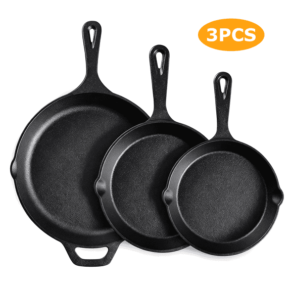 3 Piece Cast Iron Skillet Set, TAIMASI 6", 8", 10" Pre-Seasoned Pan Cookware Set with Handles, Heavy-Duty Frying Pans for Saute, Cooking, Pizza, Oven Grill Stovetop Safe Cookware