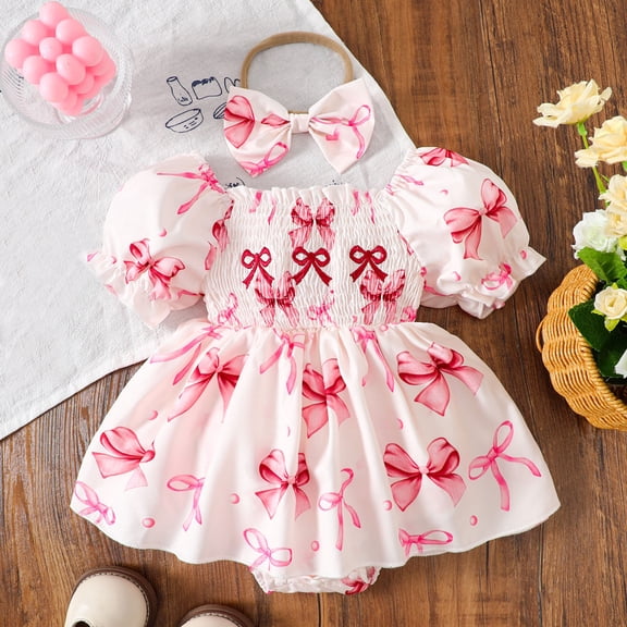 Baby Onesies Infant Girls Short Sleeve Bowknot Print Romper with Headband Baby Girl Romper Red 6-12 Months