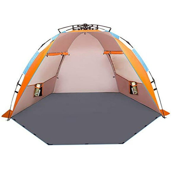 Oileus X-Large 4 Person Beach Tent Sun Shelter - Portable Sun Shade Instant Tent for Beach with Carrying Bag, Stakes, 6 Sand Pockets, Anti UV for Fishing Hiking Camping, Waterproof Windproof, Orange
