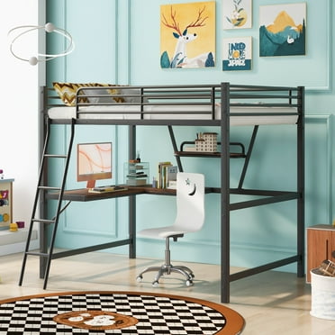Euroco Metal Full Size Loft Bed with Desk for Kids, Solid Metal with Shelf for Living Room, Black
