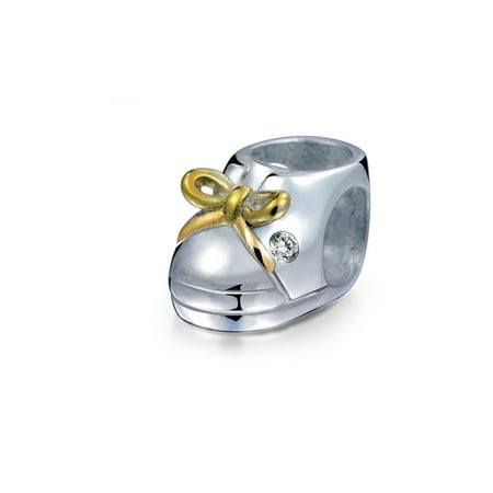 Single Baby Shoe Charm - Two Tone Baby Shoe Charm Bead For New Mother For Women 14K Gold Plated 925 Sterling Silver Fits European Bracelet