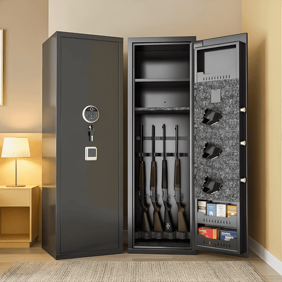 Rifle Gun Safe, Gun safes for Rifles Pistols and Shotguns, Electronic Locking Quick Access Long Gun Cabinet with Removable Storage Shelf/Adjustable Gun Racks/Pockets, No Assembly Required